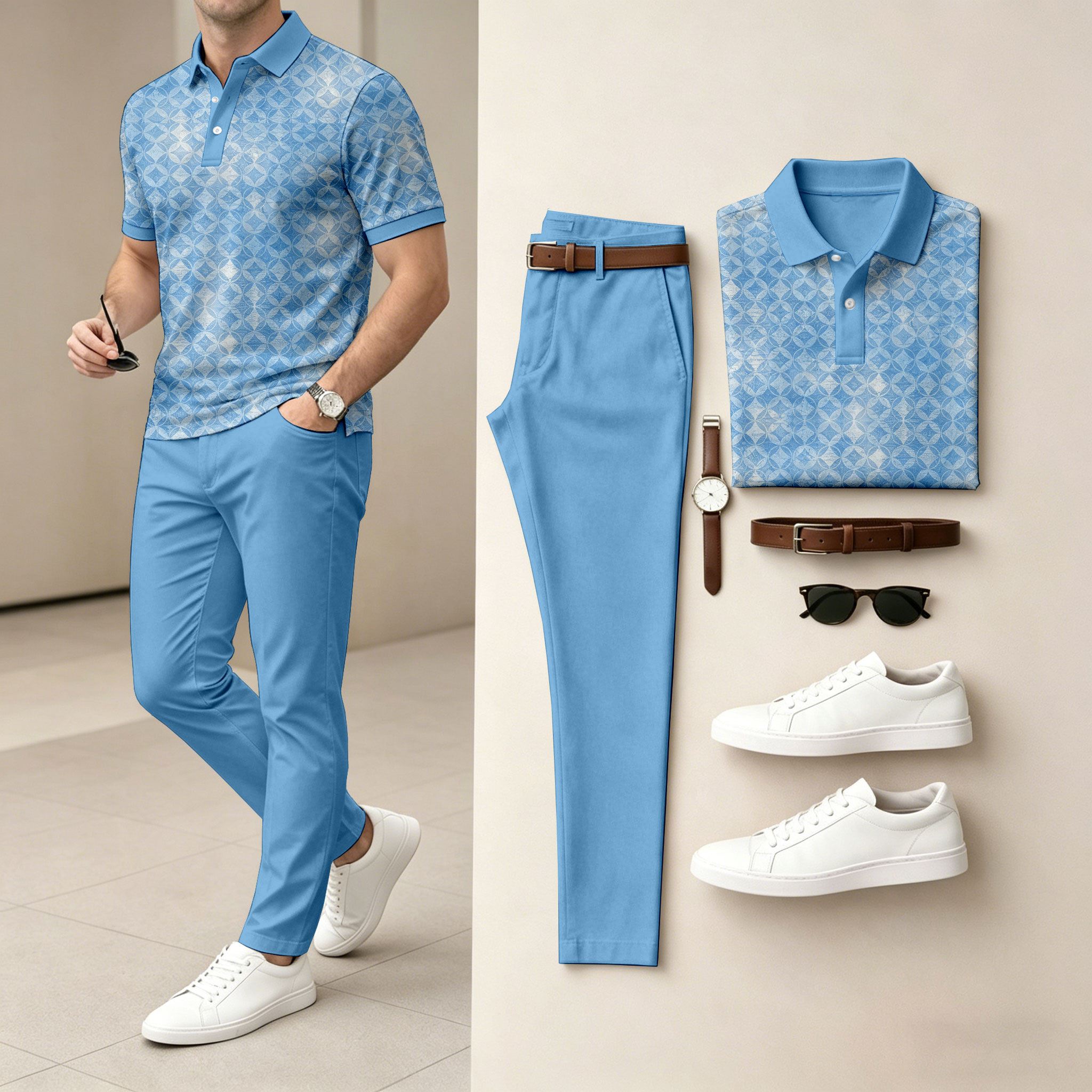 para hombre Checkered de manga corta camisa polo and pantalón conjunto de dos piezas
