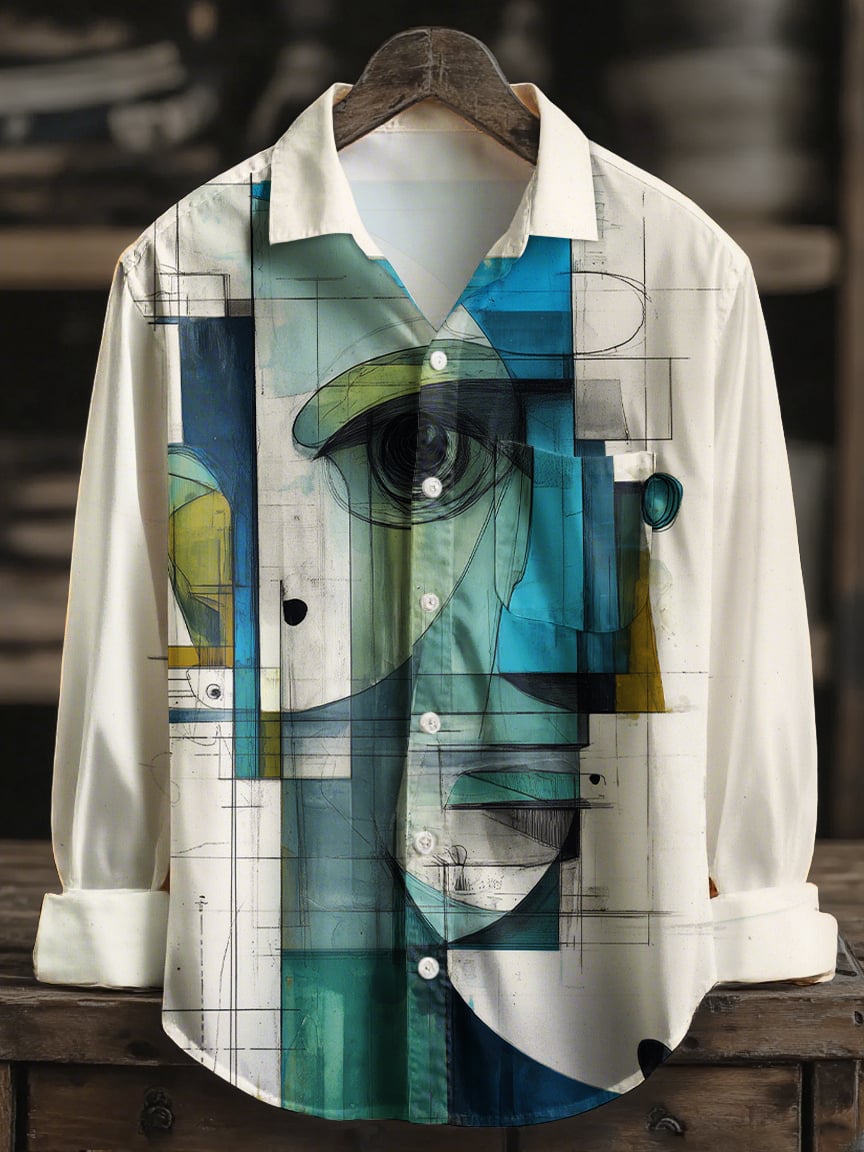 Camisa hawaiano Abstract Face Art casual geométrico Art de manga larga para hombre