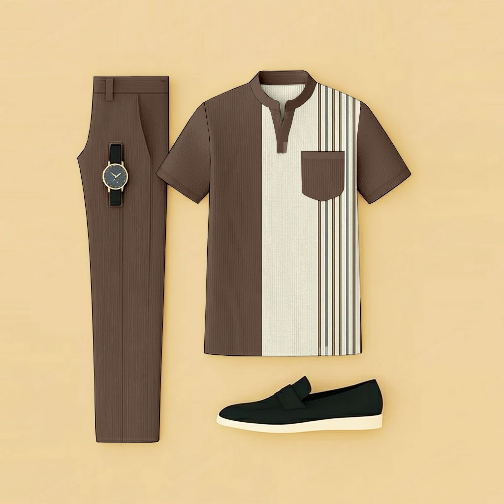 Conjunto de dos piezas casual Brown rayas estampado de manga corta camiseta And pantalón para hombre