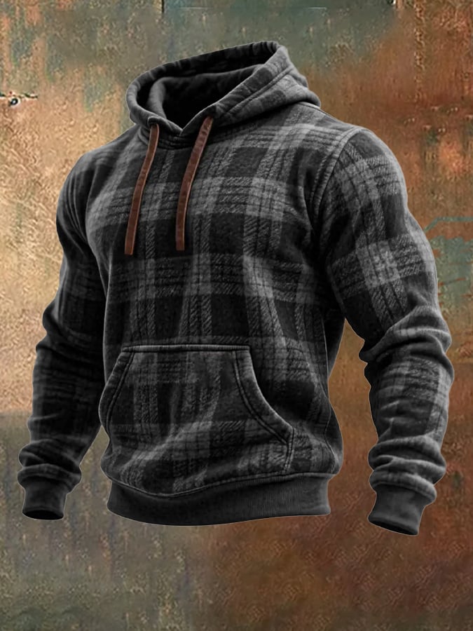 Sudadera retro desgastado a cuadros estampado casual de manga larga para hombre