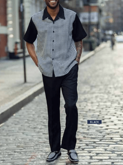 Mens Walking Suits Black Checkered Design de manga corta Mens Leisure Suits