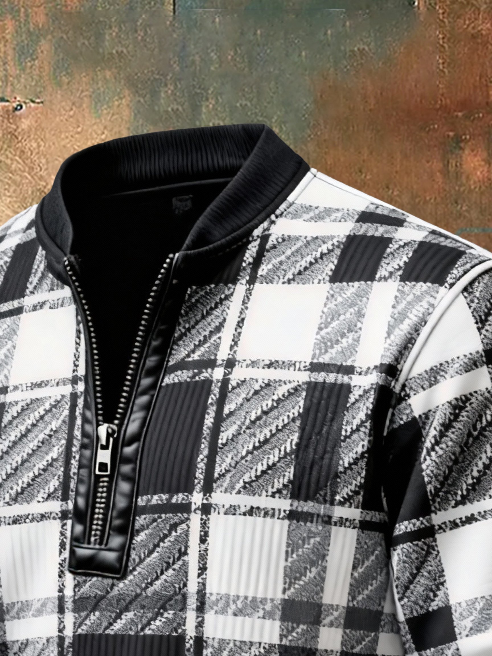 Sudadera casual retro Contrast Color Half Zip Stand cuello de manga larga para hombre
