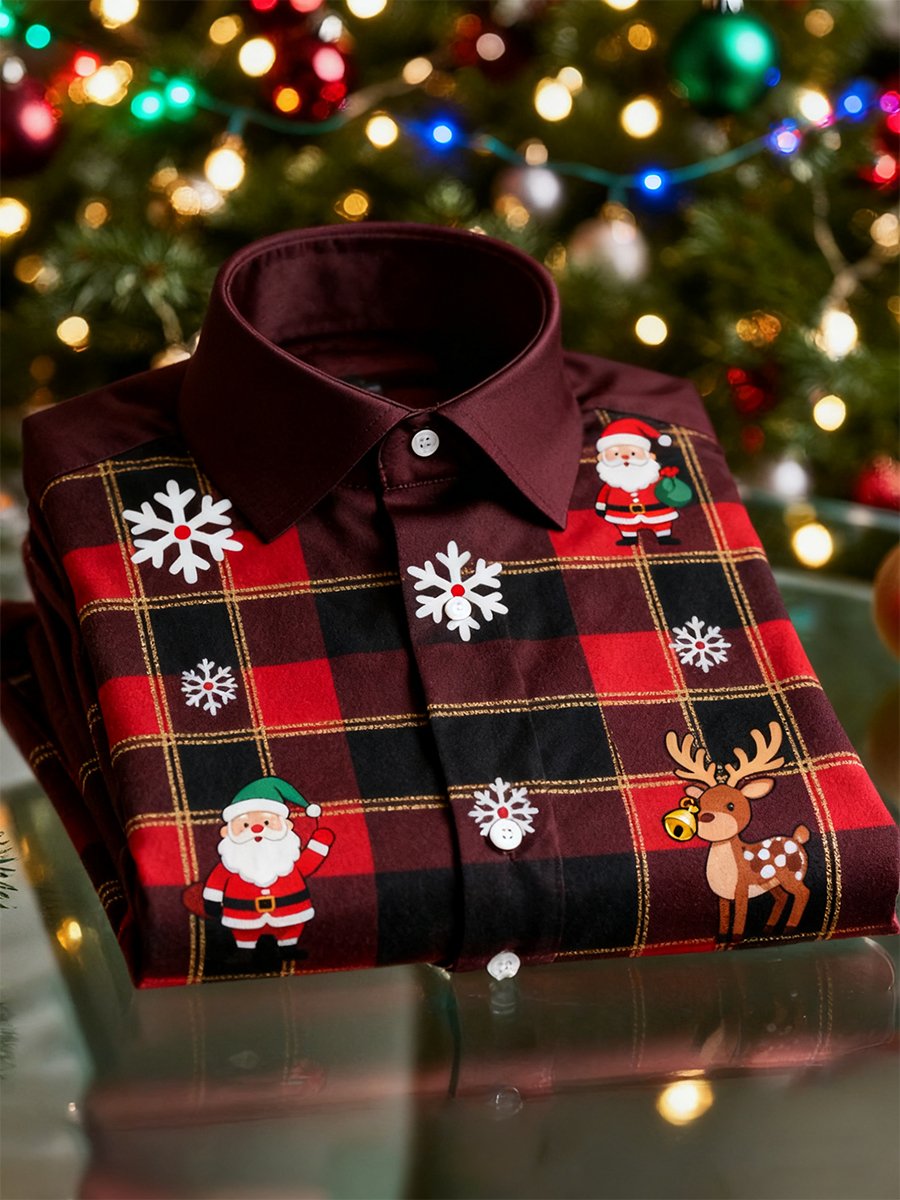 Camisa Christmas de manga larga con botones para hombre