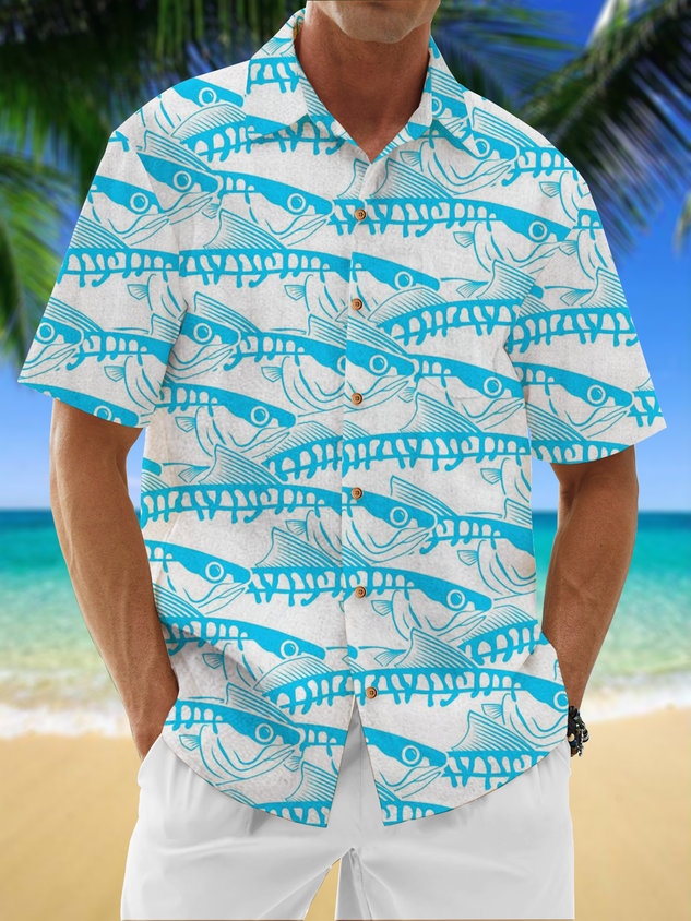 Camisa Moisture Wicking Fish Chest Pocket Hawaiian
