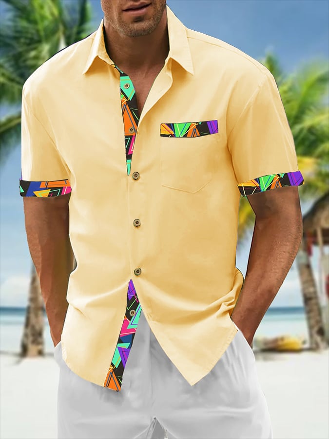 Camisa Resort Style Contrast estampado casual de manga corta para hombre
