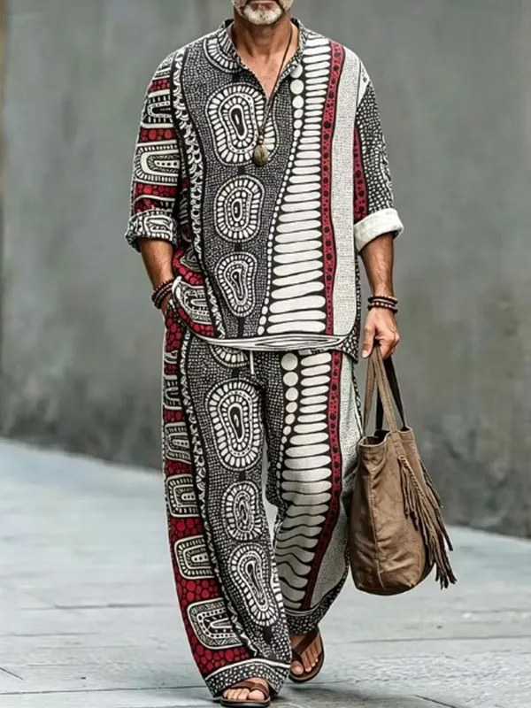 para hombre Tribal Geometric Print Half Button de manga larga camisa pantalón 2pcs Set