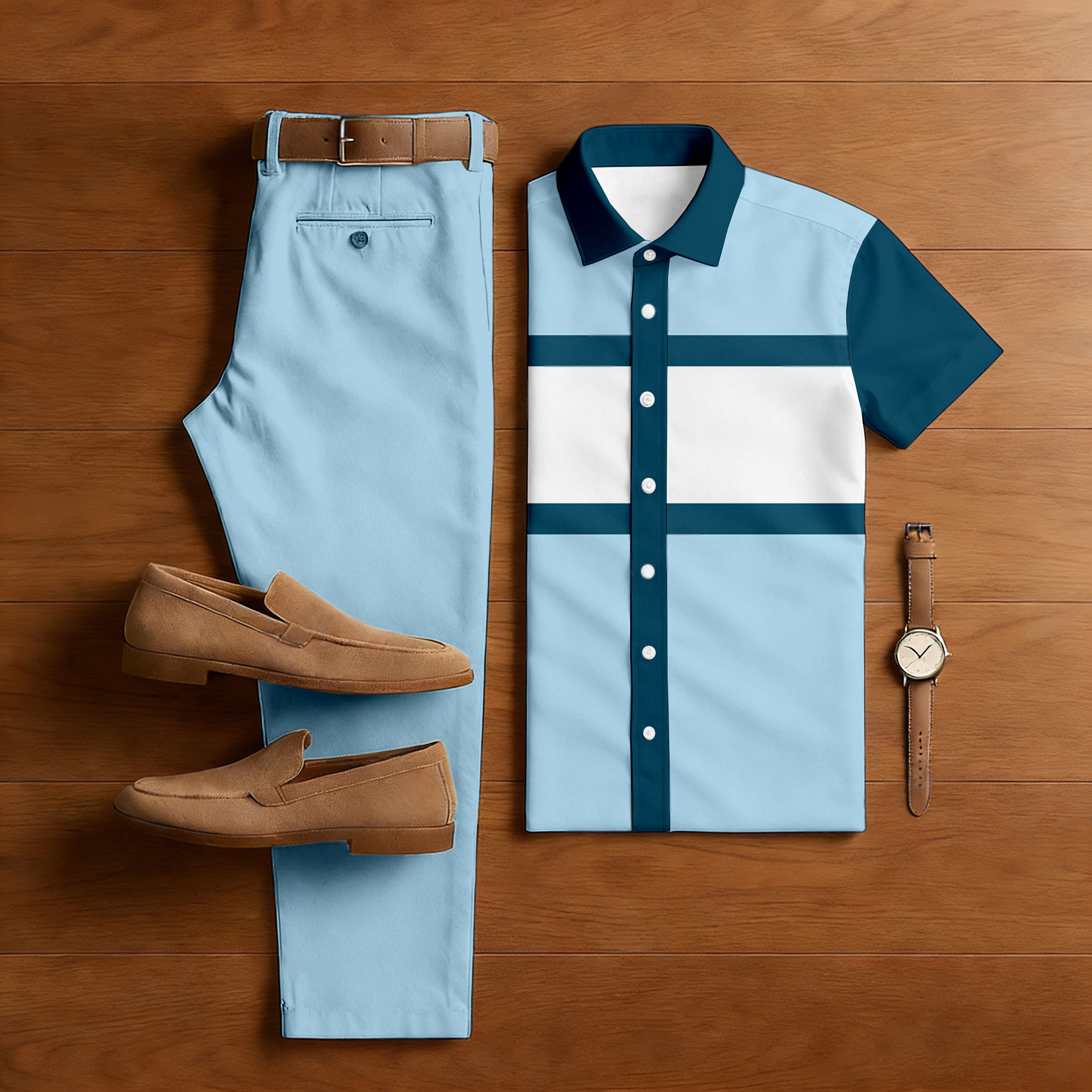 Conjunto de dos piezas casual Light Blue & Blue Color Matching Geometric estampado de manga corta camisa & Trousers para hombre