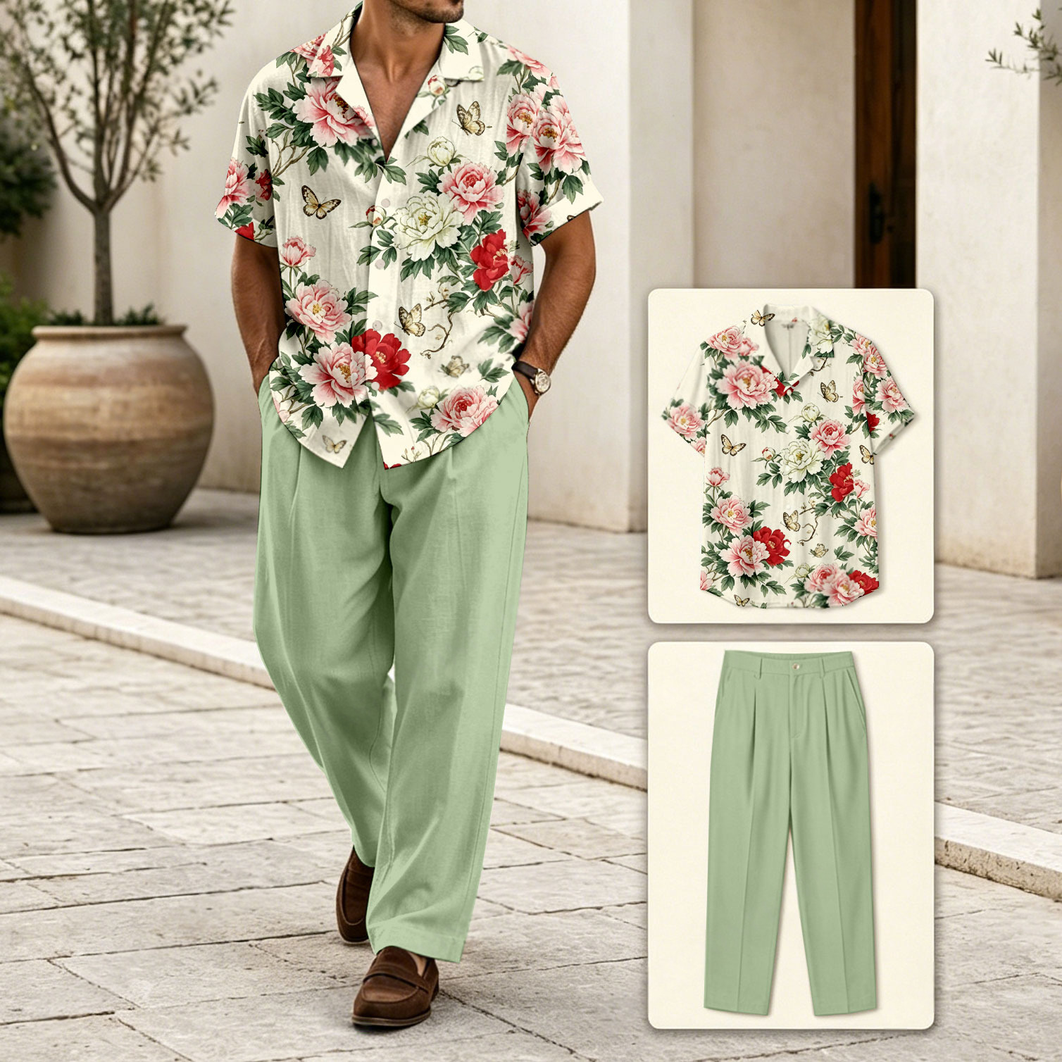Conjunto de dos piezas casual Color-Blocked Geometric estampado de manga corta camisa And Trousers para hombre