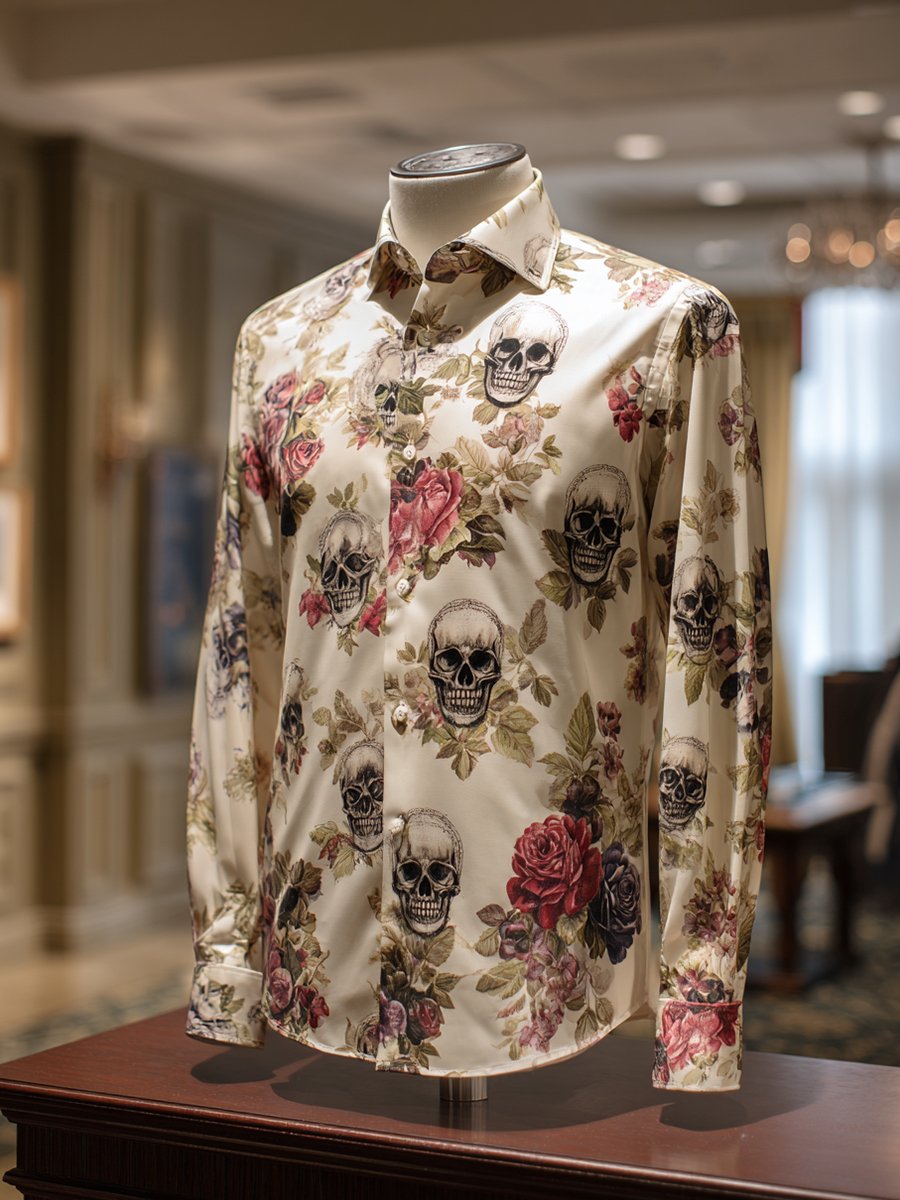 Camisa ejecutivo casual Skull Rose solapa de manga larga para hombre