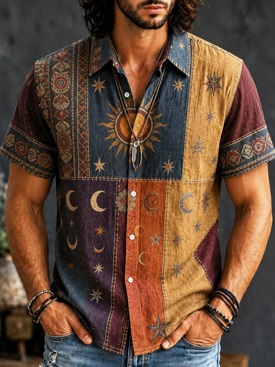 Camisa Hippie Sun And Moon Element Patchpara trabajo Art estampado de manga cortas para hombre