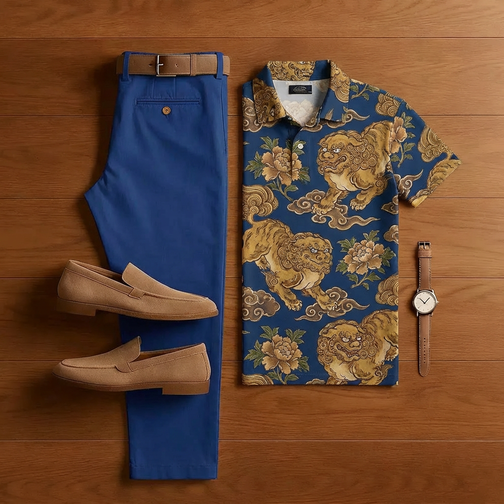 Conjunto de dos piezas casual Royal Blue estampado de manga corta camisa And Trousers para hombre