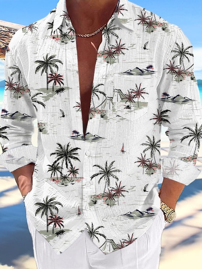 Hawaiian Palm Tree estampado de manga larga Pockecamiseta para hombre