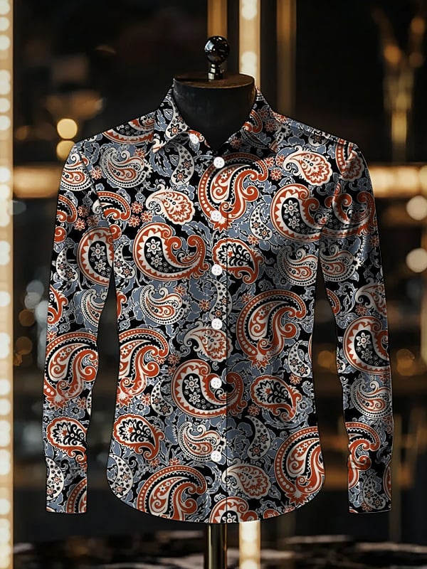 Camisa satén de lujo Ethnic Paisley de manga larga para hombre