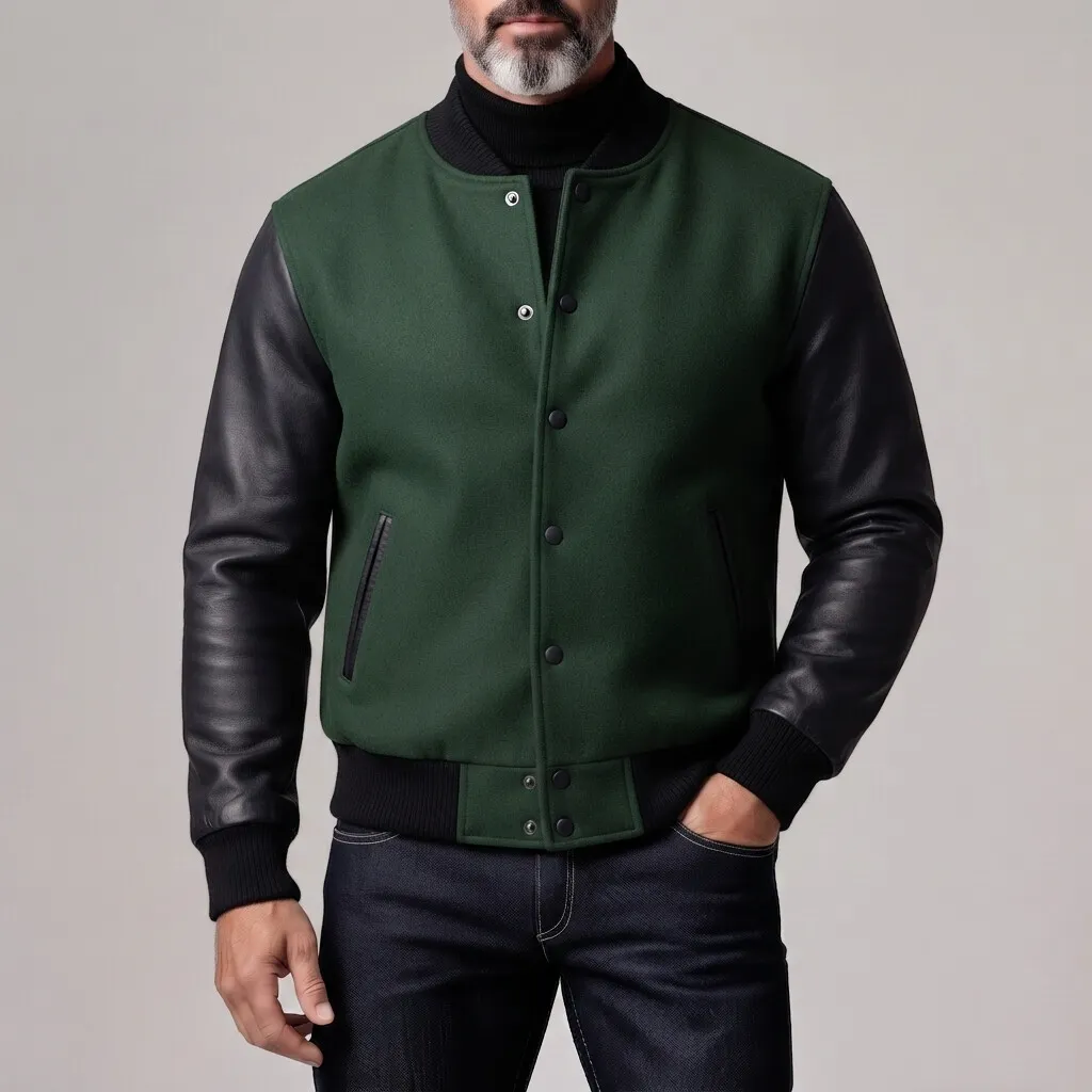 para hombre vintage Woolen Contrast Spliced PU Leather de manga larga Button Up Bomber chaqueta