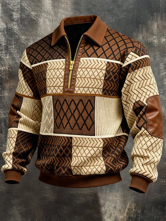 para hombre retro en bloques de color Print Zipper Sweacamiseta