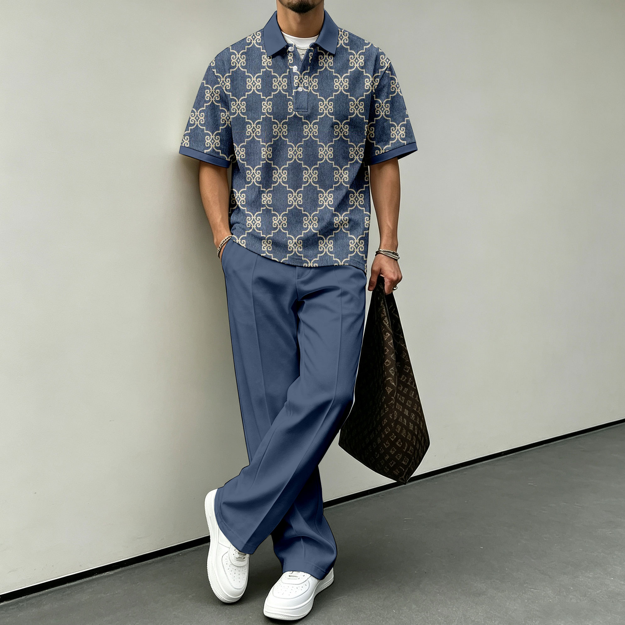 para hombre retro Swastika-Print de manga corta camisa polo and pantalón Set
