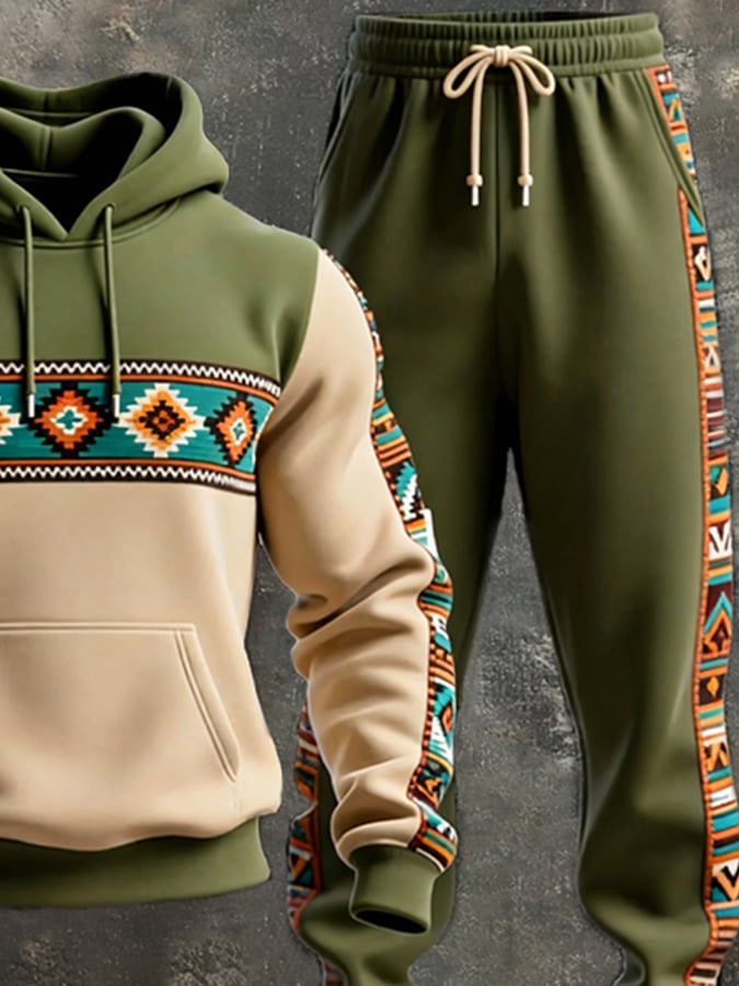 Sudadera retro desgastado Contrast Color Hooded casual Set para hombre