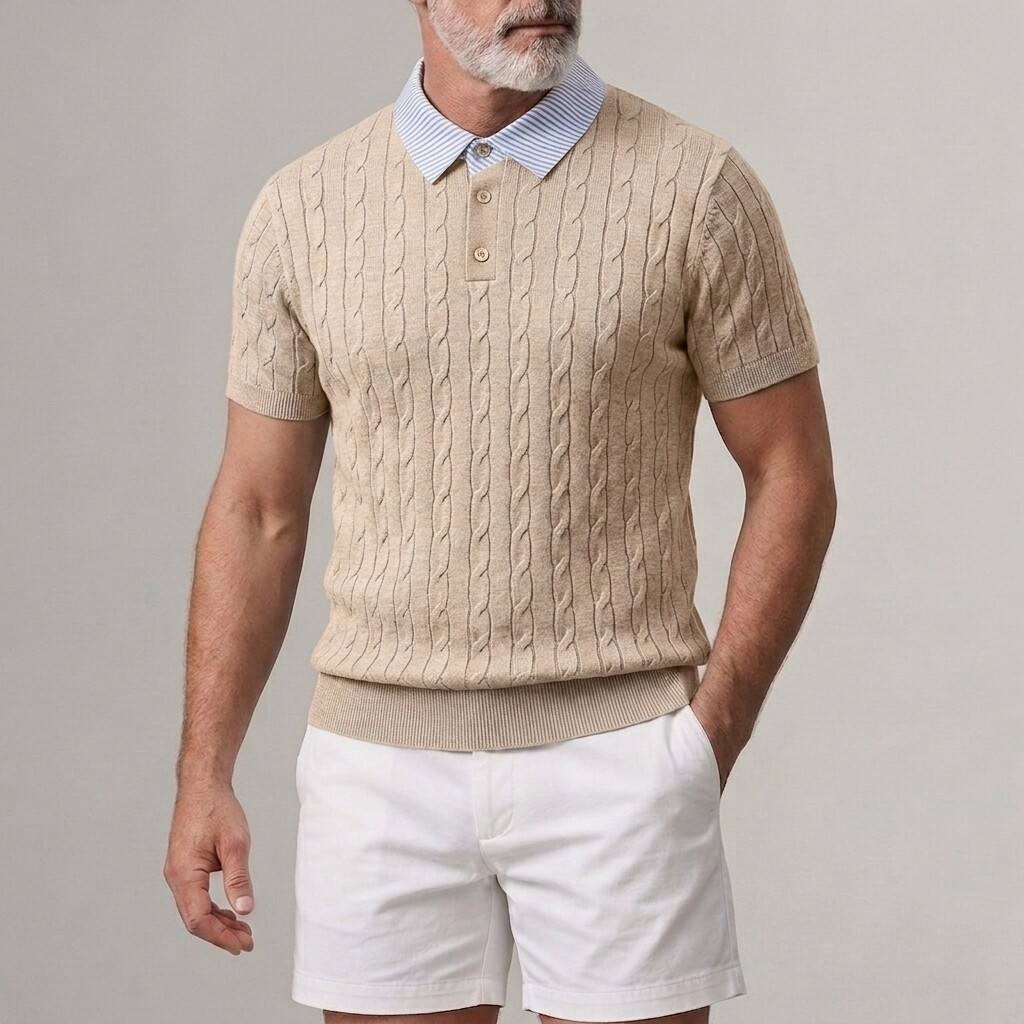 Camisa polo Cable tejidoted a rayas Turndown Collar de manga corta 2 in 1 para hombre