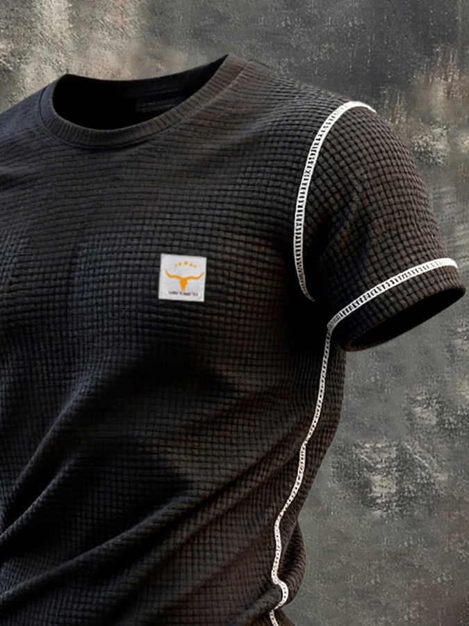 Retro en bloques de color tejido tipo waffle cuello redondo de manga corta Top para hombre