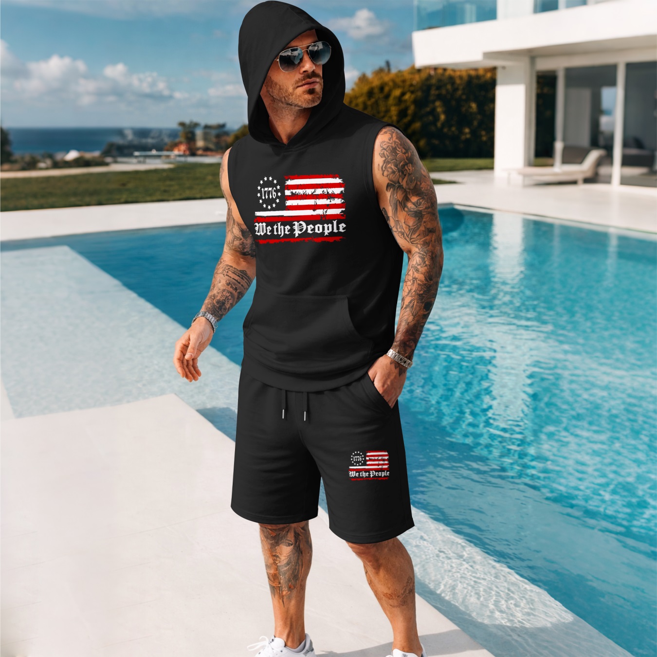 Conjunto de dos piezas American Flag estampadoHooded Tank Top & shorts Set, Regular Fitcasual Athletic de moda Activewear SleevelessTop & shorts, Summer Clothes para hombre