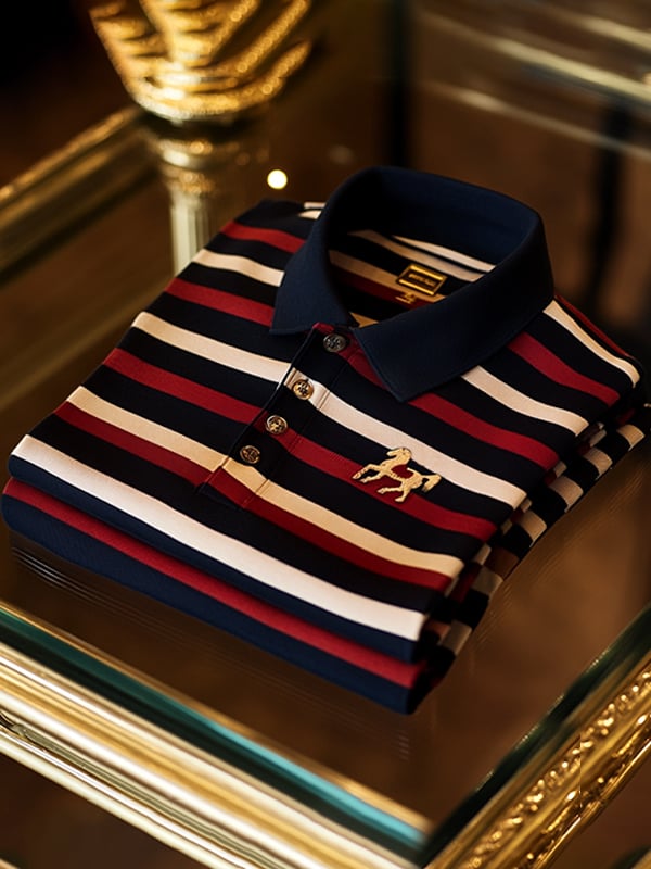 Camisa polo retro ejecutivo rayas estampado de manga larga para hombre