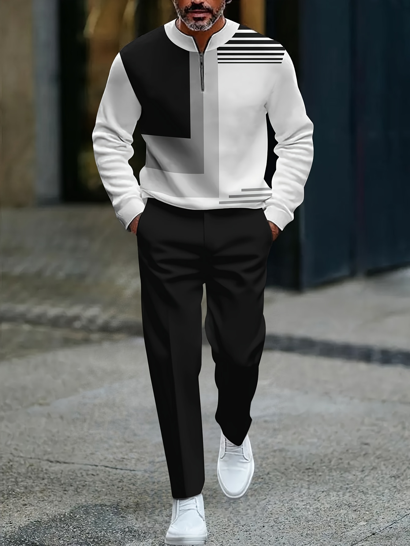 Conjunto de dos piezas casual Black & White Color Matching Geometric estampado Round-Neck Zipper de manga larga Trousers para hombre