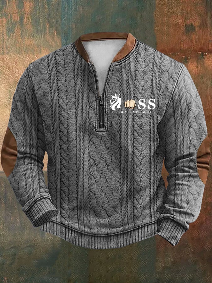 Sudadera retro Letter estampado cierre Neck tejido para hombre