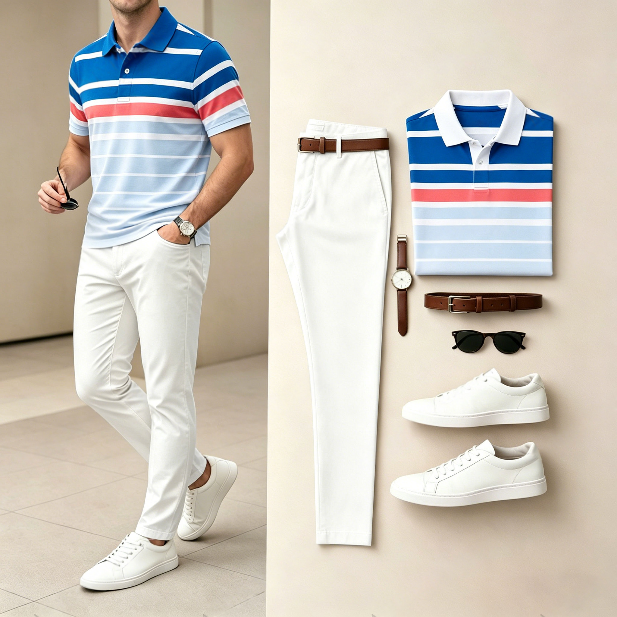 Camisa polo casual a rayas Color-Block estampado de manga corta And pantalón Set (Excludes Accessories Such As Watches And Belts) para hombre