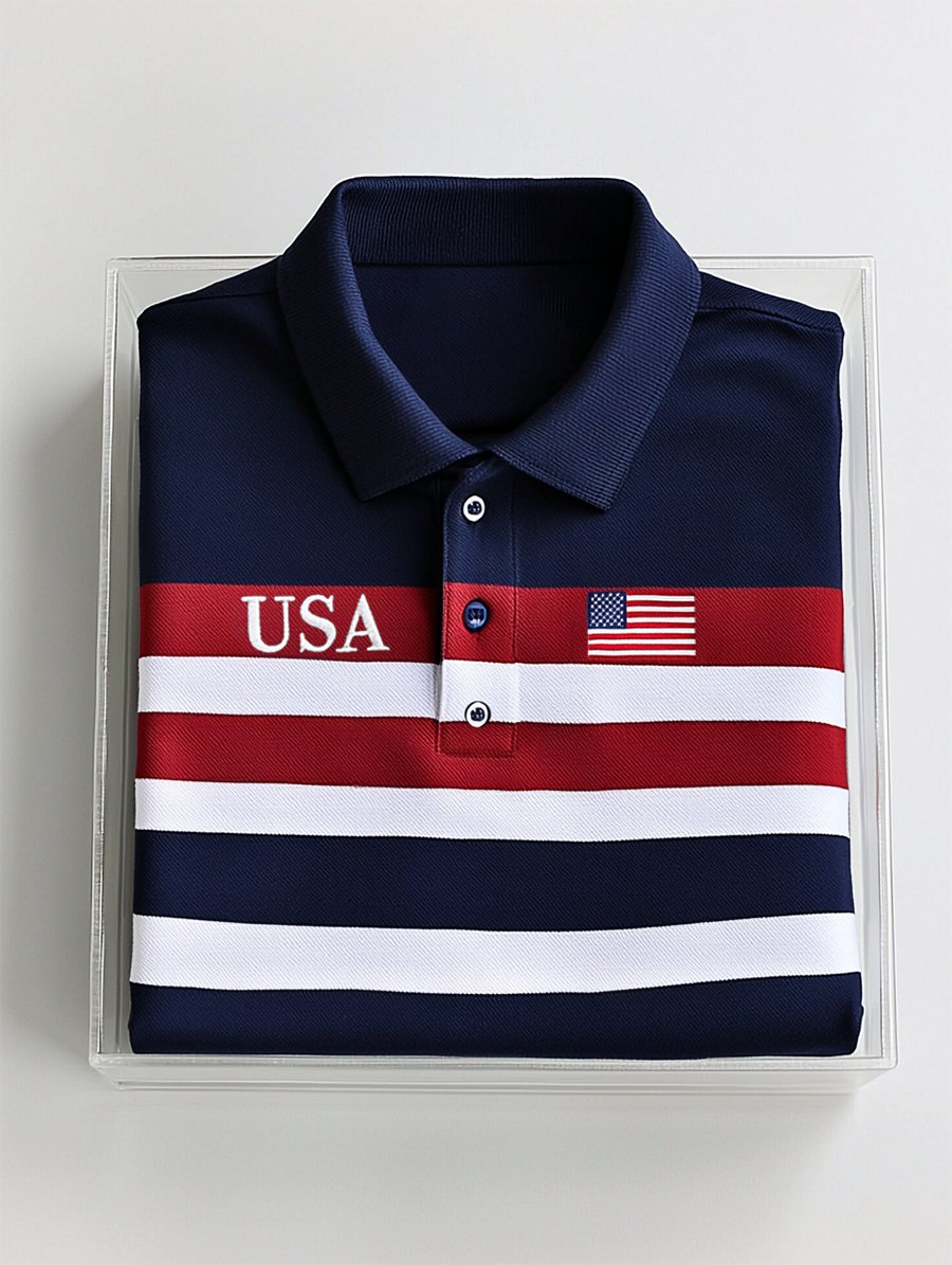 Camisa polo ejecutivo casual Independence Day a rayas Button de manga corta para hombre