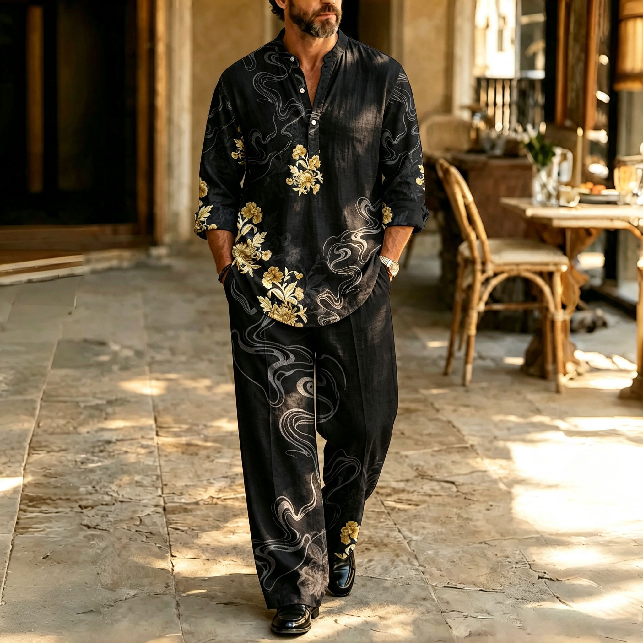 para hombre floral-Print Stand-Collar camisa polo and pantalón Set