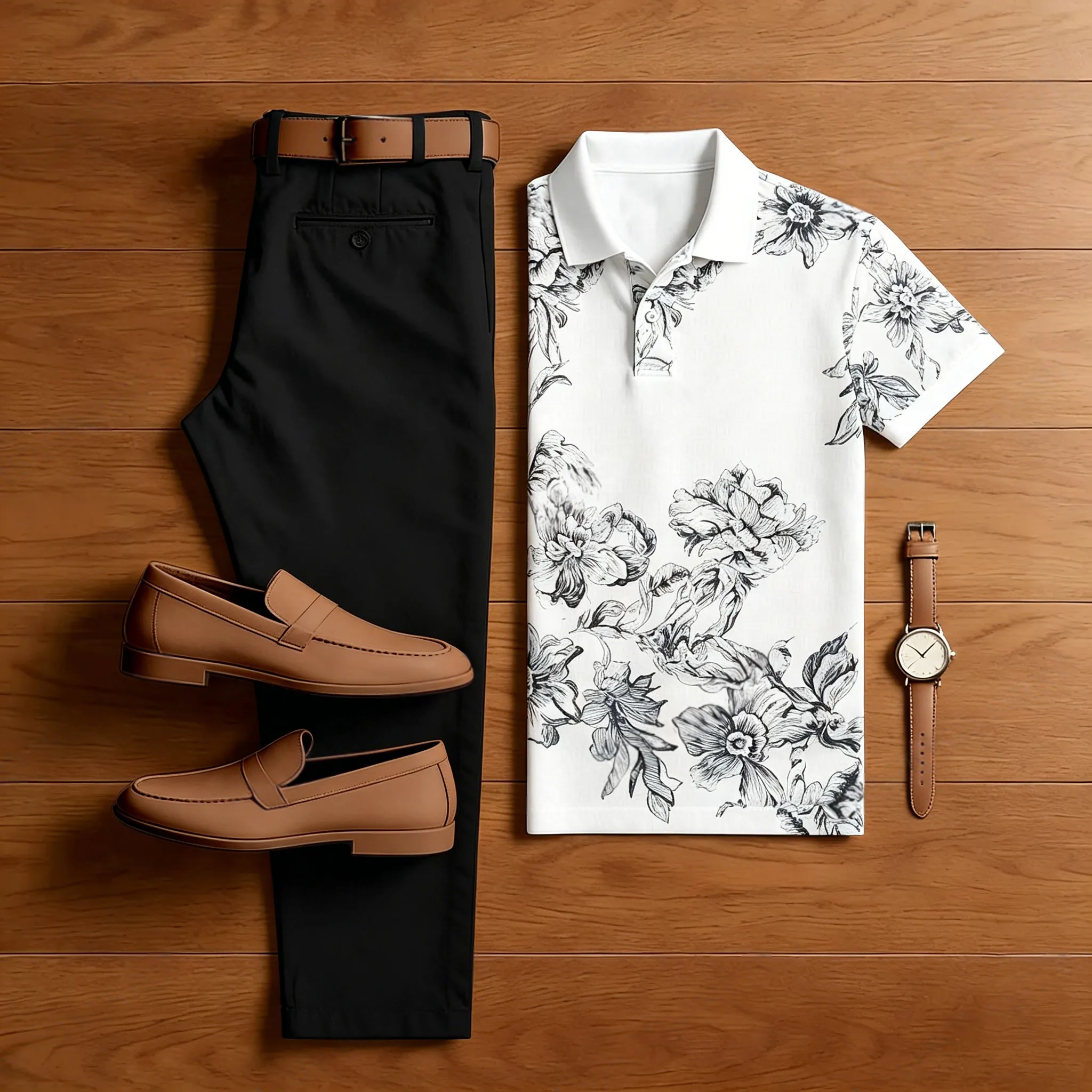 Conjunto de dos piezas casual White estampado camisa polo And pantalón para hombre