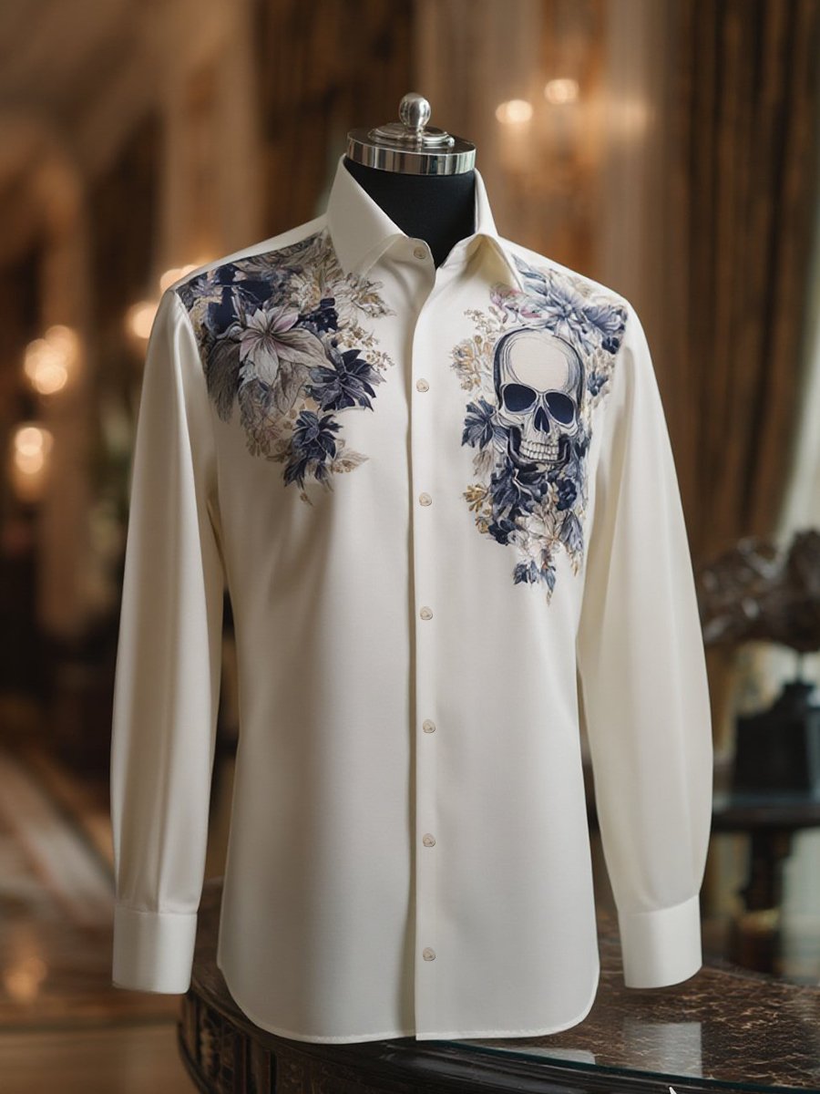 Camisa ejecutivo casual Skull floral solapa de manga larga para hombre