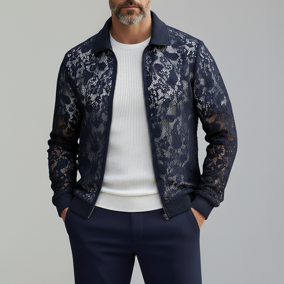 Chaqueta elegante Midnight Blue Guipure Lace Ribbed Cuffs Turndown Collar Zipper para hombre