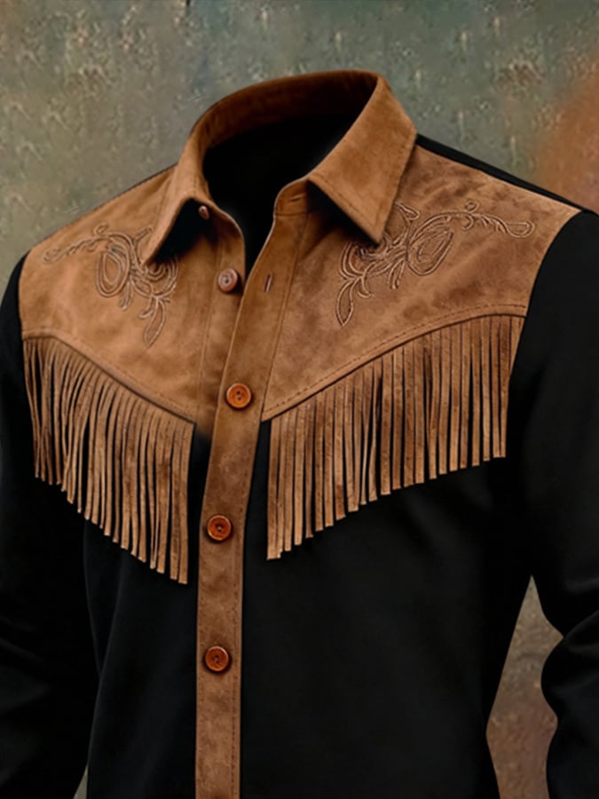Camisa vintage Patchpara trabajo Color-Block gamuza de manga larga With Tassels para hombre