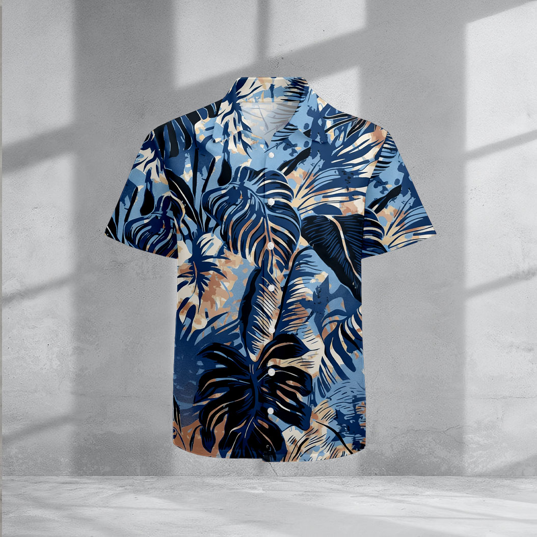 Casual Blue Leaf Pattenr Hawaii Style de manga corta camisas para hombre