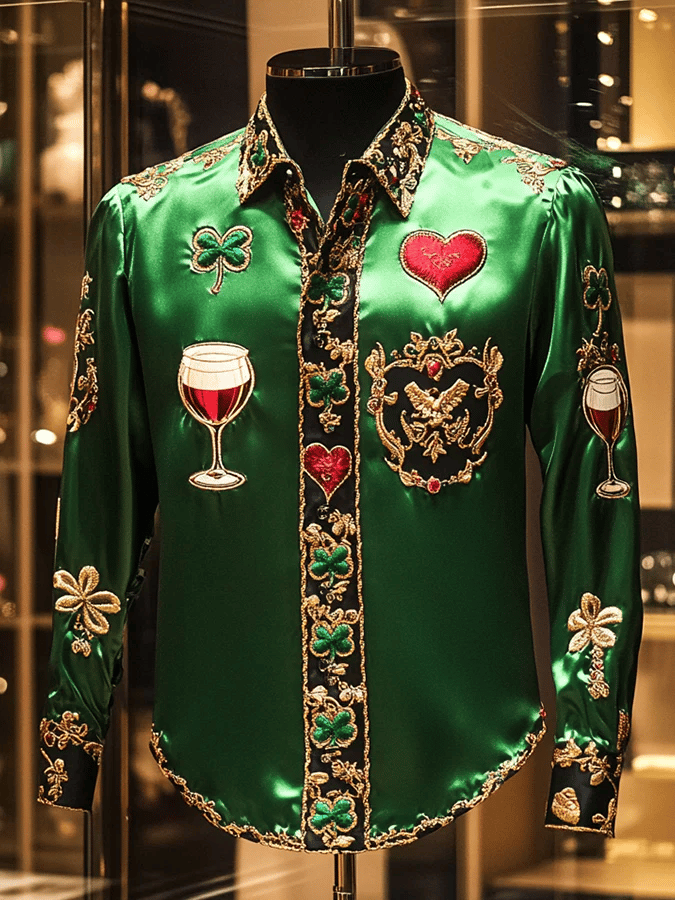 Camisa Party St. Patrick estampado de manga larga solapa para hombre