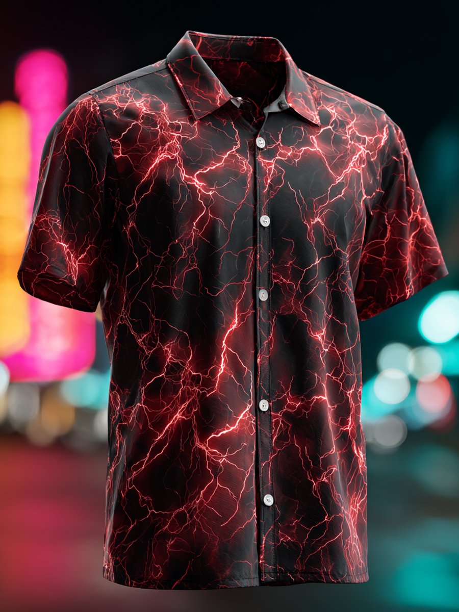 Camisa ejecutivo casual Lightning estampado solapa de manga corta para hombre
