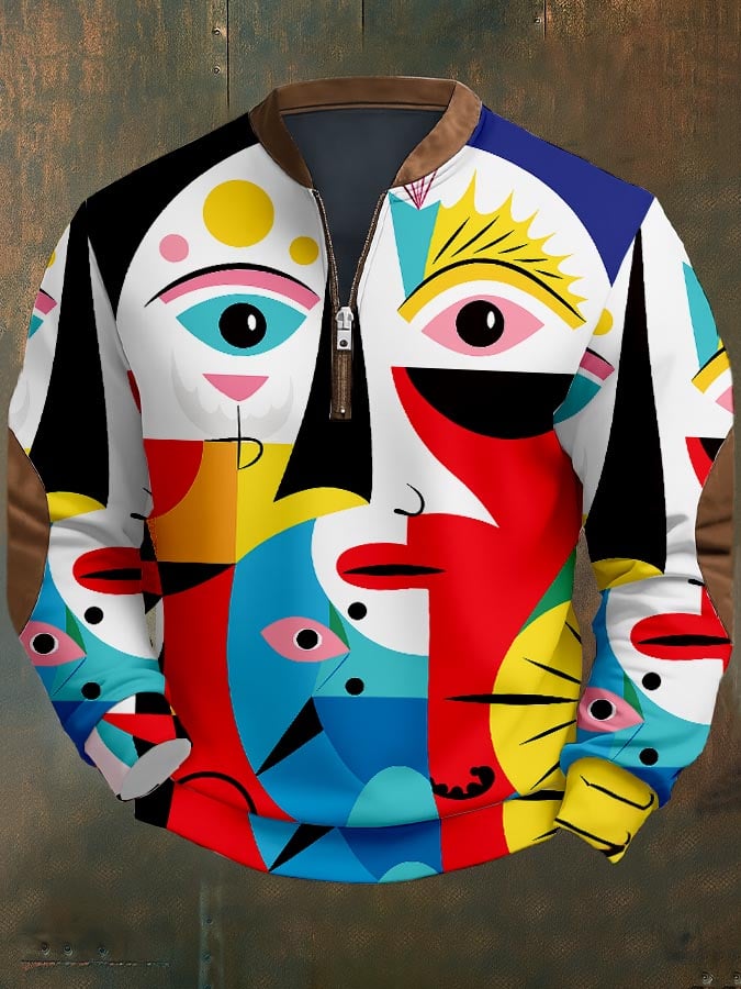 Sudadera vintage geométrico Art Face estampado para hombre