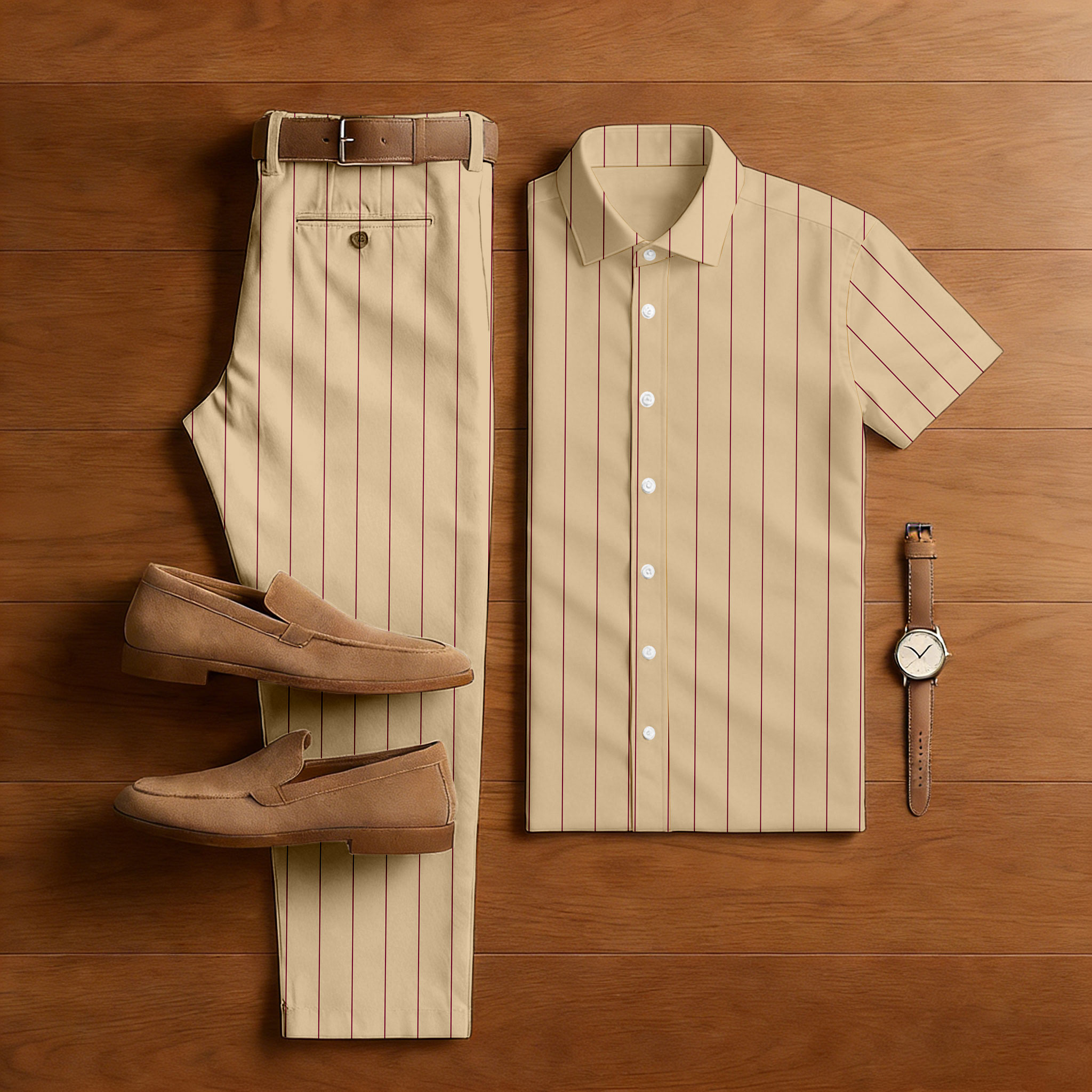 Conjunto de dos piezas casual Tan & Red Color Matching a rayas estampado de manga corta camisa & Trousers para hombre