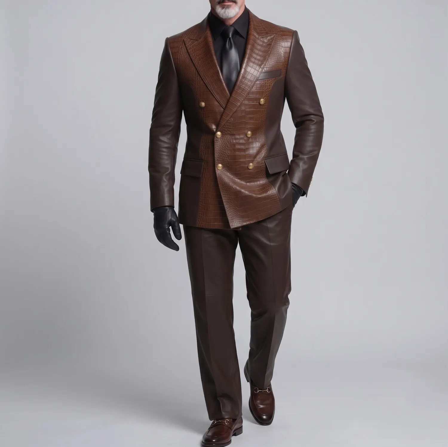 para hombre Dark Brown PU Leather Crocodile Pattern Peak Lapel Double-Breasted Two-Tone saco