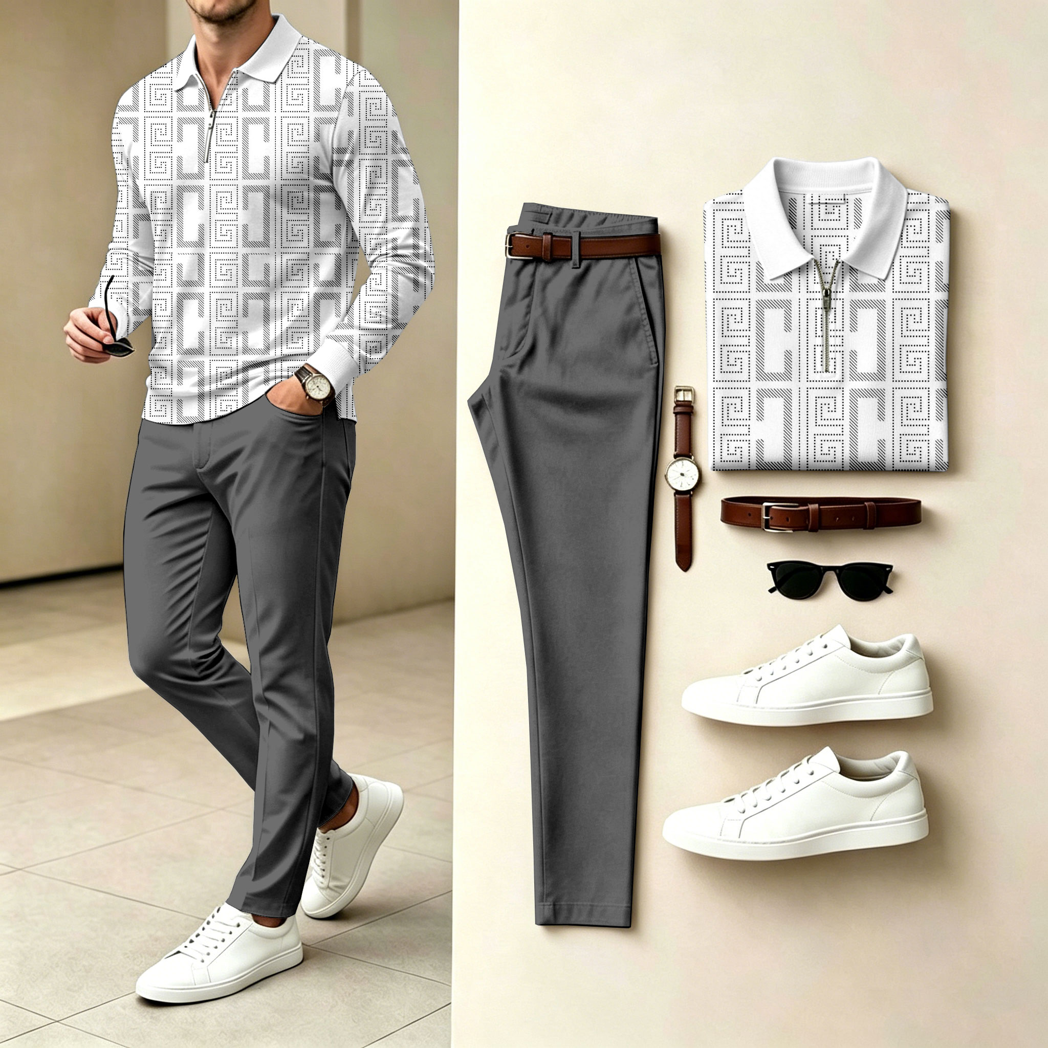 Conjunto de dos piezas Polo-Collar Zipper de manga larga camisa and pantalón para hombre