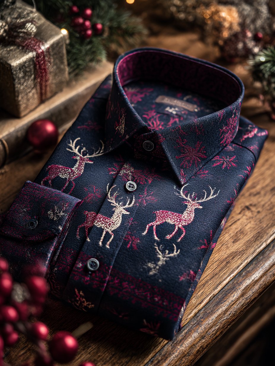 Camisa de lujo Christmas Party de manga larga con botones para hombre