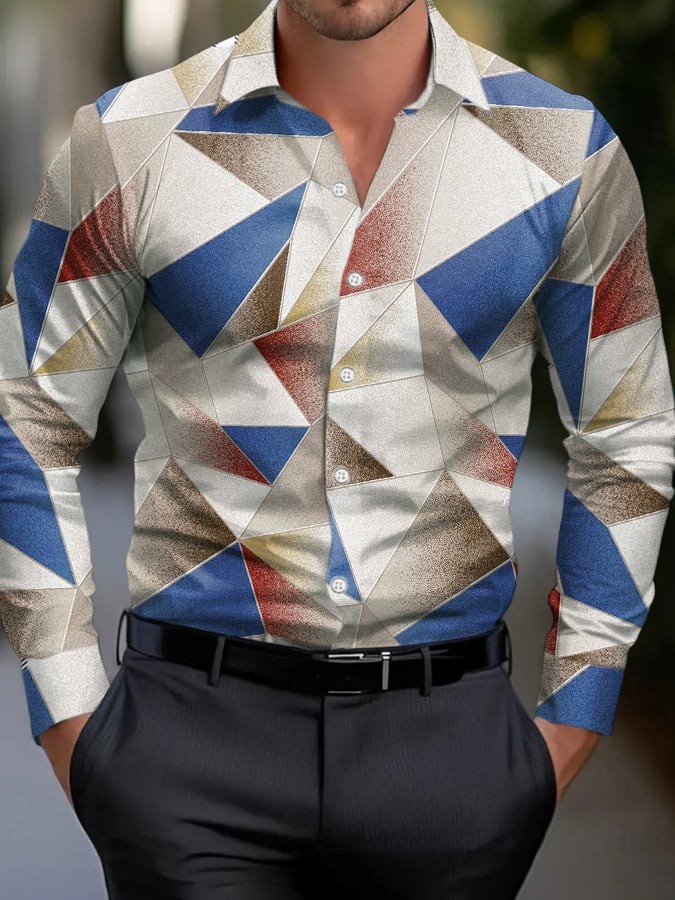 Camisa ejecutivo casual geométrico estampado de manga larga para hombre