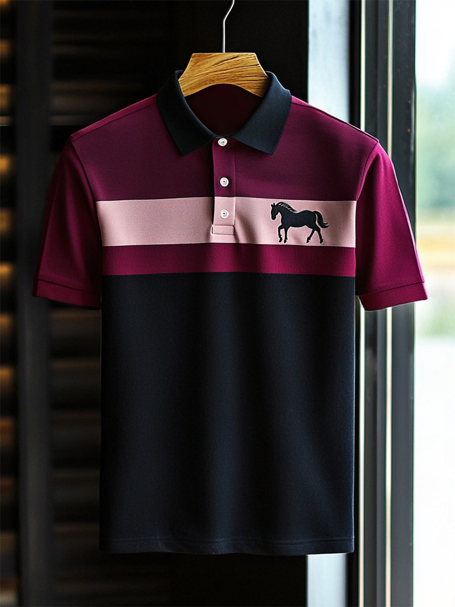 Camisa polo ejecutivo rayas Logo con botones de manga corta para hombre