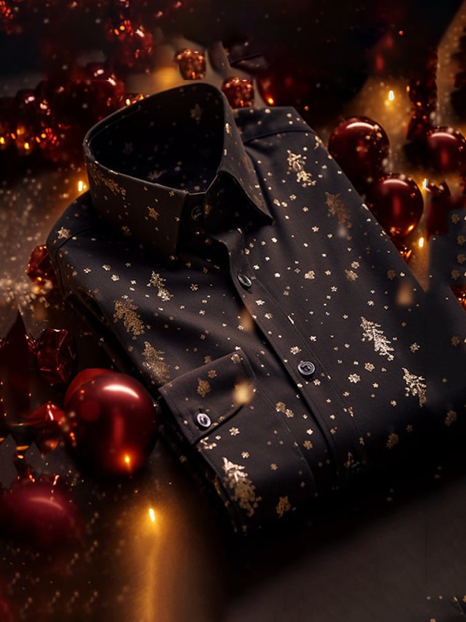 Camisa de lujo Christmas Contrast Color estampado de manga larga para hombre