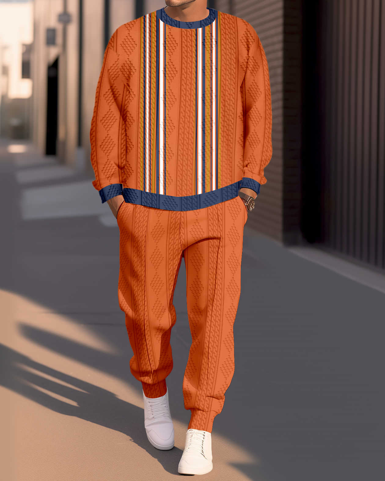 Textured Jacquard Round Neck casual Sports Set 009 para hombre
