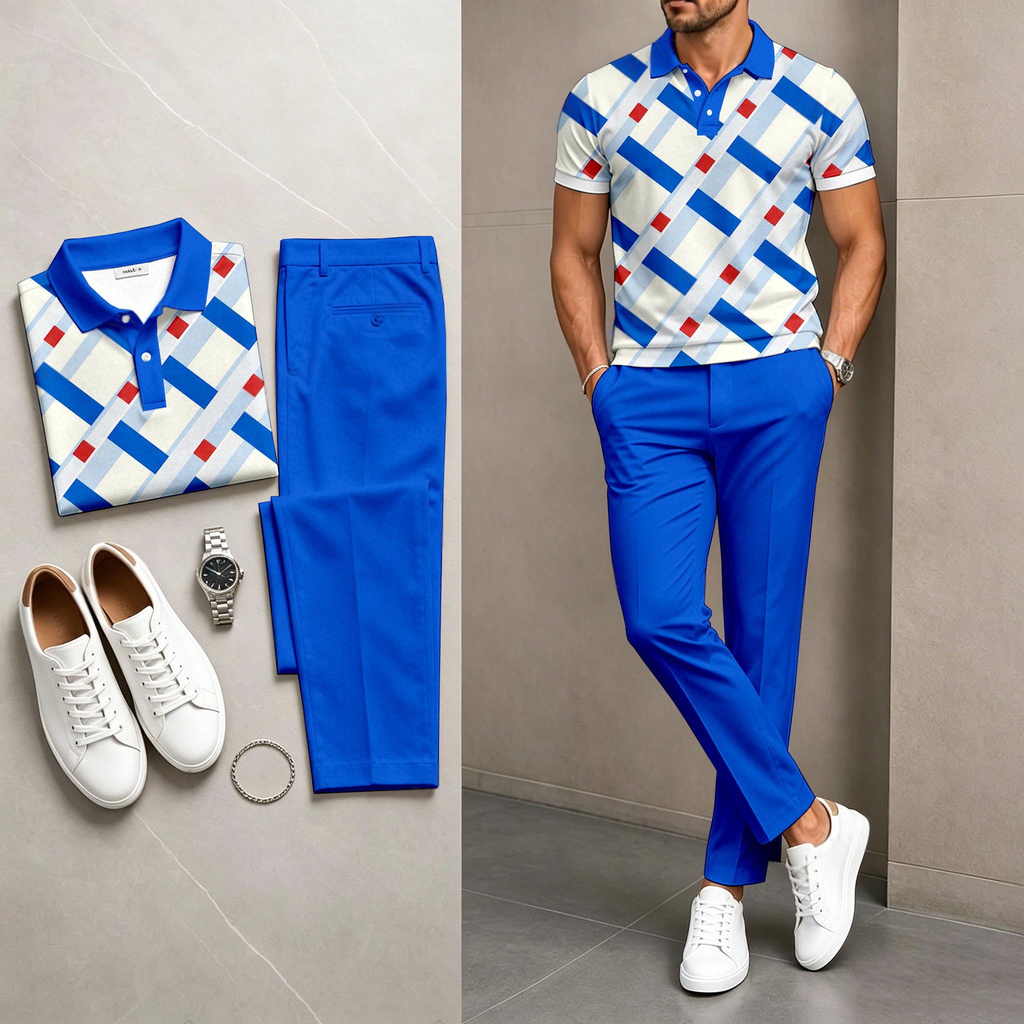 Conjunto de dos piezas casual estampado camisa polo And pantalón para hombre