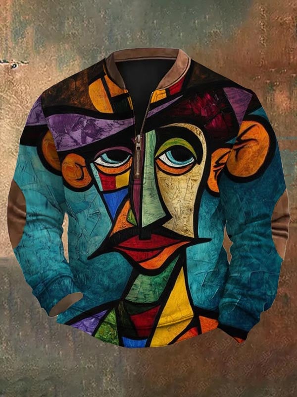 Sudadera de moda casual Art geométrico estampado cierre Neck para hombre