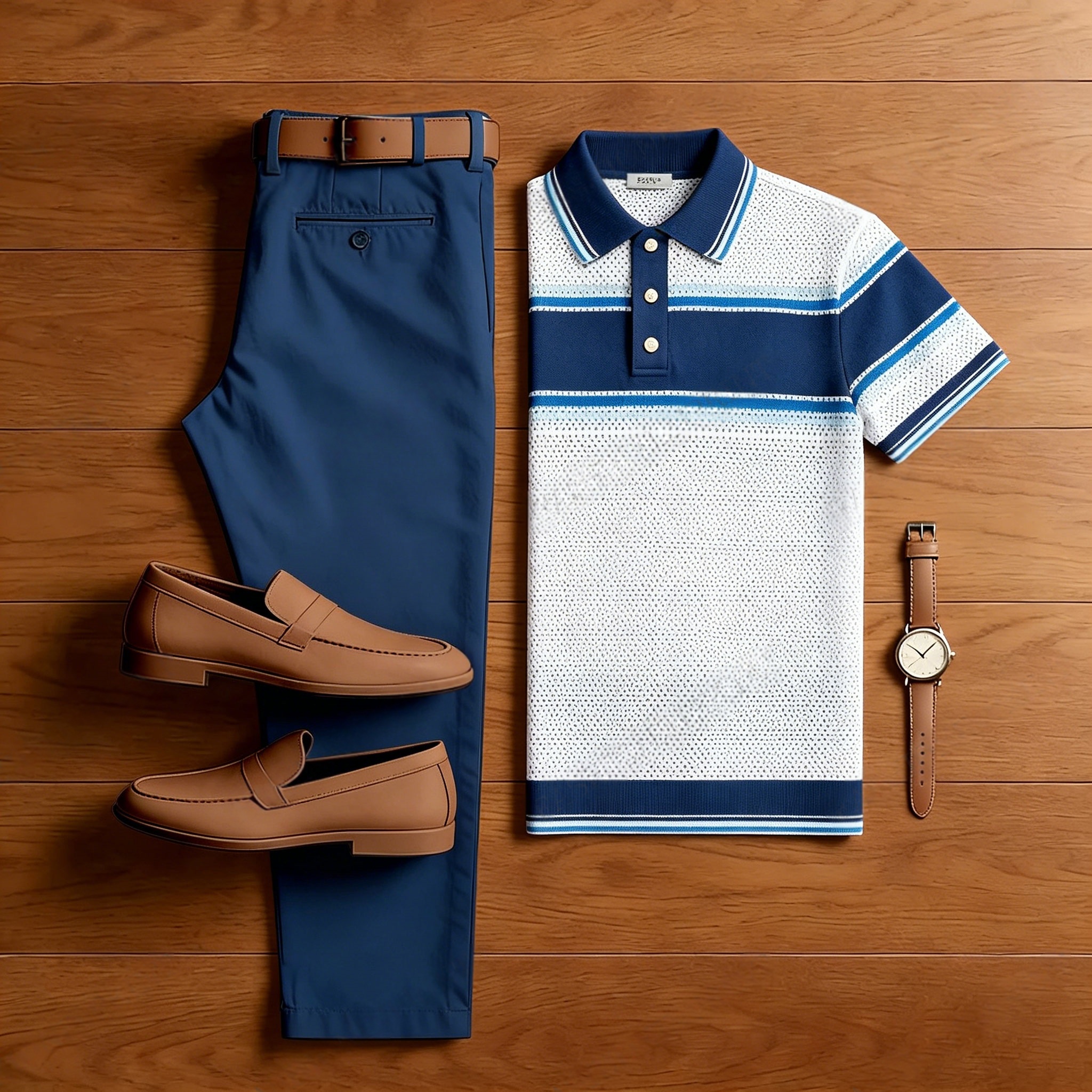 Conjunto de dos piezas casual White Geometry estampado camisa polo And pantalón para hombre