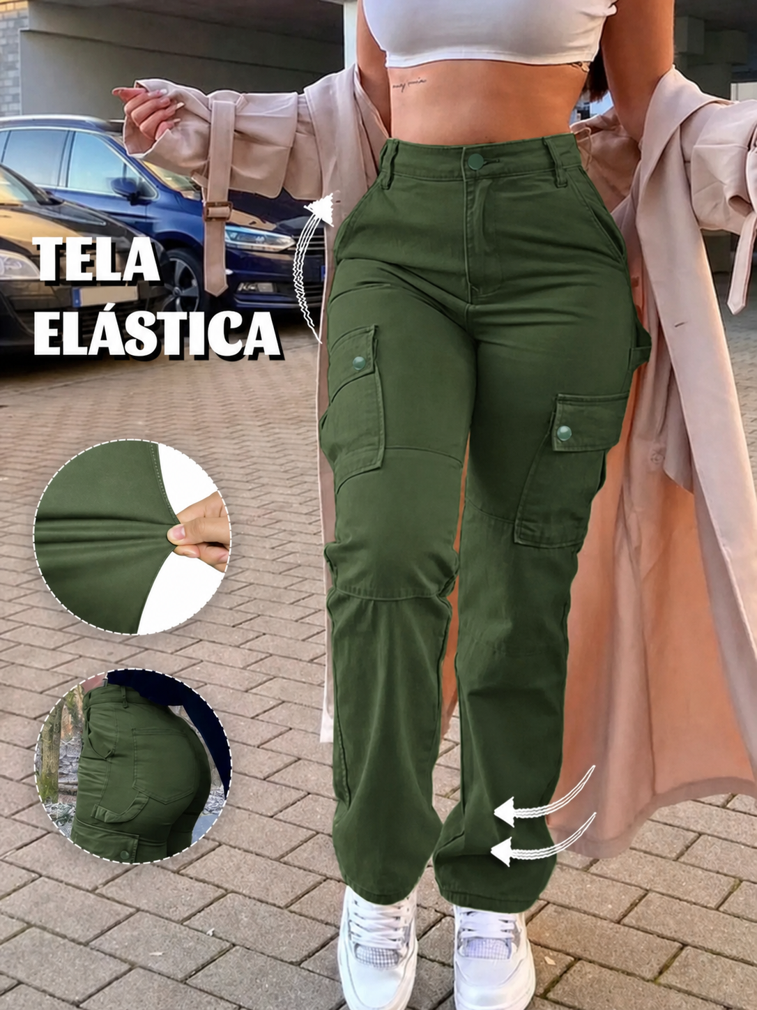 Pantalón cargo elástico de tiro alto para mujer · vista 8